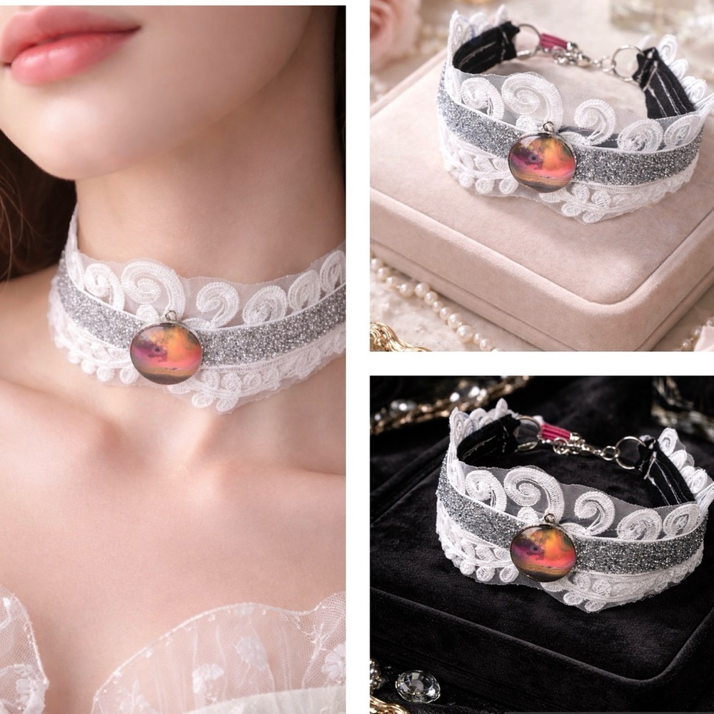 Artisan White Lace Choker Handmade Pendant and Necklace Bridal Romantic Jewelry